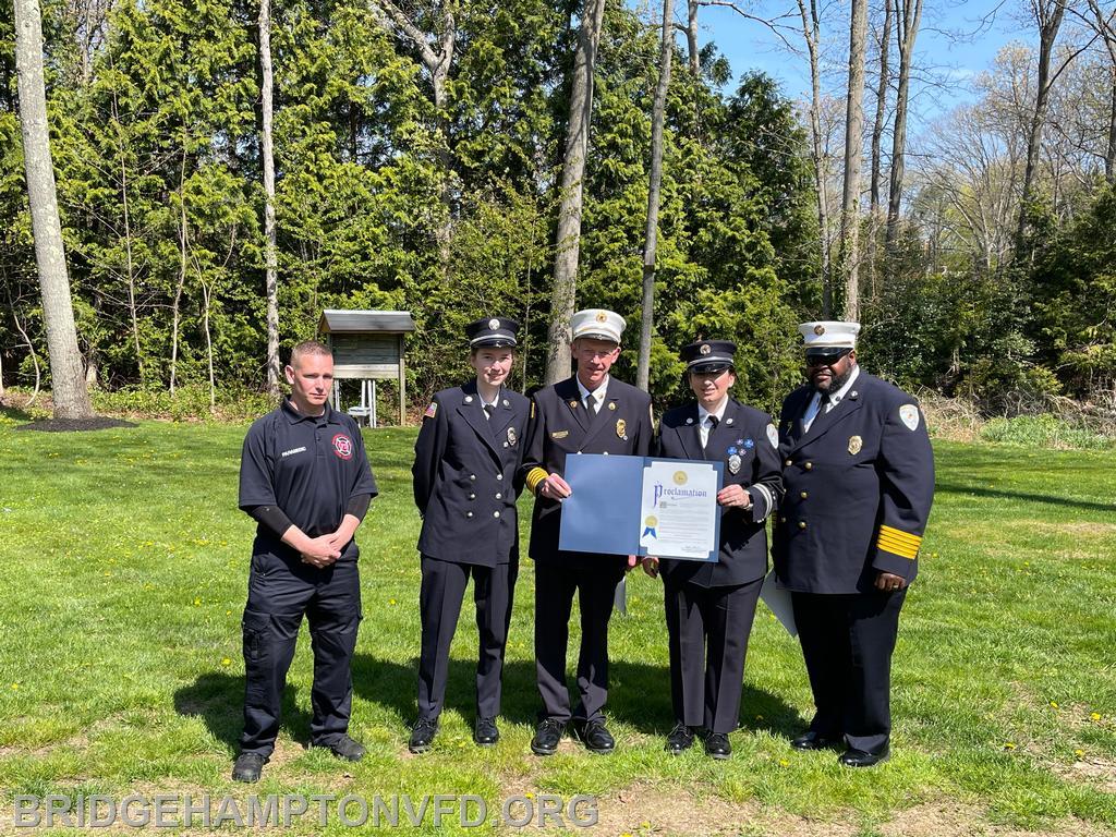 April 24, 2021: Photographed at the CPR Saves ceremony representing Bridgehampton EMS providers on the call; are from L to R: paid provider, Kenny Burnes, 2nd Asst. Captain Laura Hagerman, Jeff White, Captain Taylor Vecsey, and Chief Nick Hemby. Not photographed but also on the call were: David Goodman, David Skretch, Robin Saunders and Mafe Lopez. 
