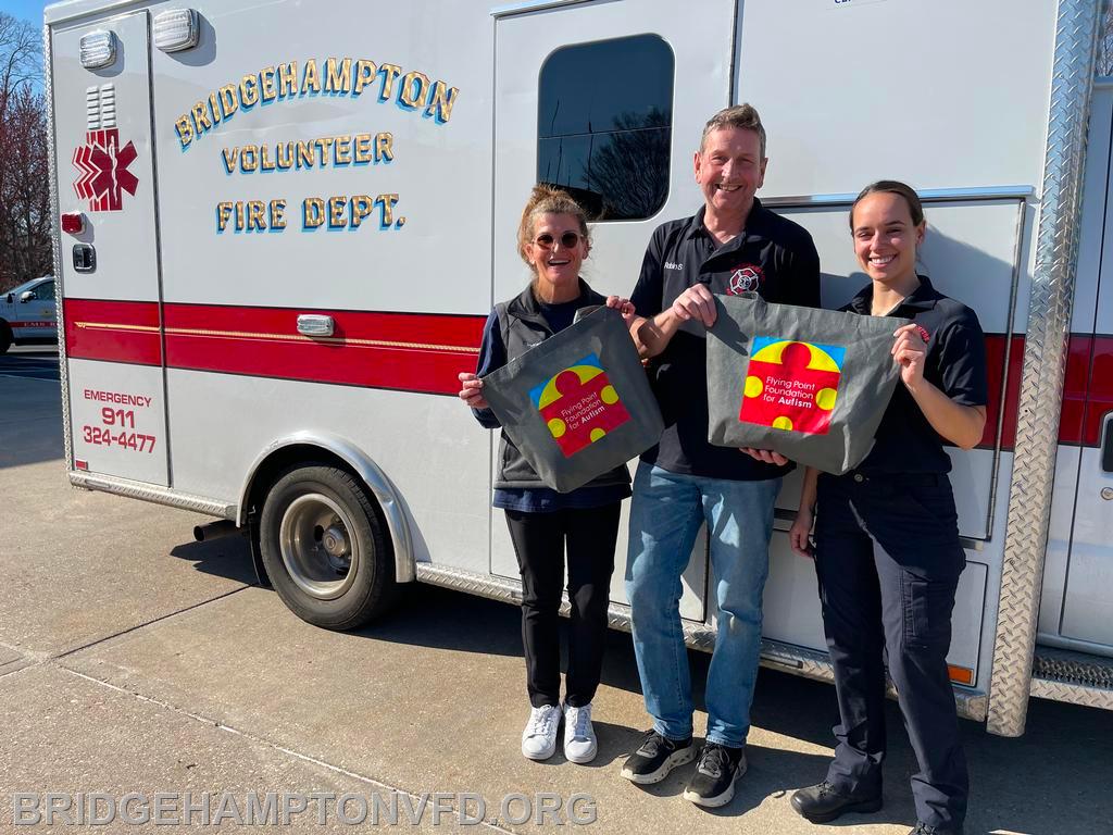 April 12, 2023 APRIL is Autism Awareness Month and we are grateful to the Flying Point Foundation for Autism for their work in our community. The Water Mill-based non-profit recently donated Go-Bags to our department for emergency calls involving patients with autism. The kits include headphones, sunglasses, a white board and several “sensory” toys. 
