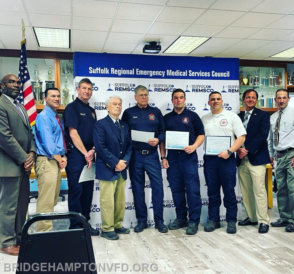 April, 2023:
Suffolk REMSCO recognized volunteers for a CPR save in 2022 during a ceremony at the East Quogue Fire Department on April 18. Last April, BHFD was dispatched for an approximately 30-year-old man in cardiac arrest at a home in Bridgehampton. Our paramedic was out on another call and longtime EMT Dave Skretch responded directly to the scene, where he found a bystander performing high quality chest compressions and an AED was quickly applied. With the help of @southamptontownpolice officers, EMT Skretch continued CPR and three shocks were administered and the patient was revived. EMT Robin Saunders quickly arrived on the ambulance with Harry Halsey behind the wheel, along with a crew from @southamptonvolunteerambulance, including a paramedic. We’re happy to report the patient made a full recovery thanks to quick action on the scene by both the bystander and EMS personnel. A true group effort with a wonderful outcome. 
