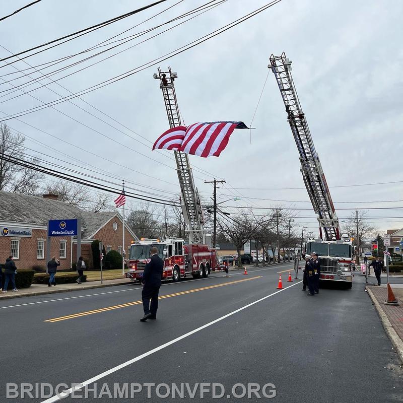 The Bridgehampton Fire Department was honored to bring our ladder truck and help raise a flag for FDNY Firefighter Jesse Gerhard, who was laid to rest on Wednesday. We send our condolences to his family, the @fdny and the @islipfd, where he also volunteered. 