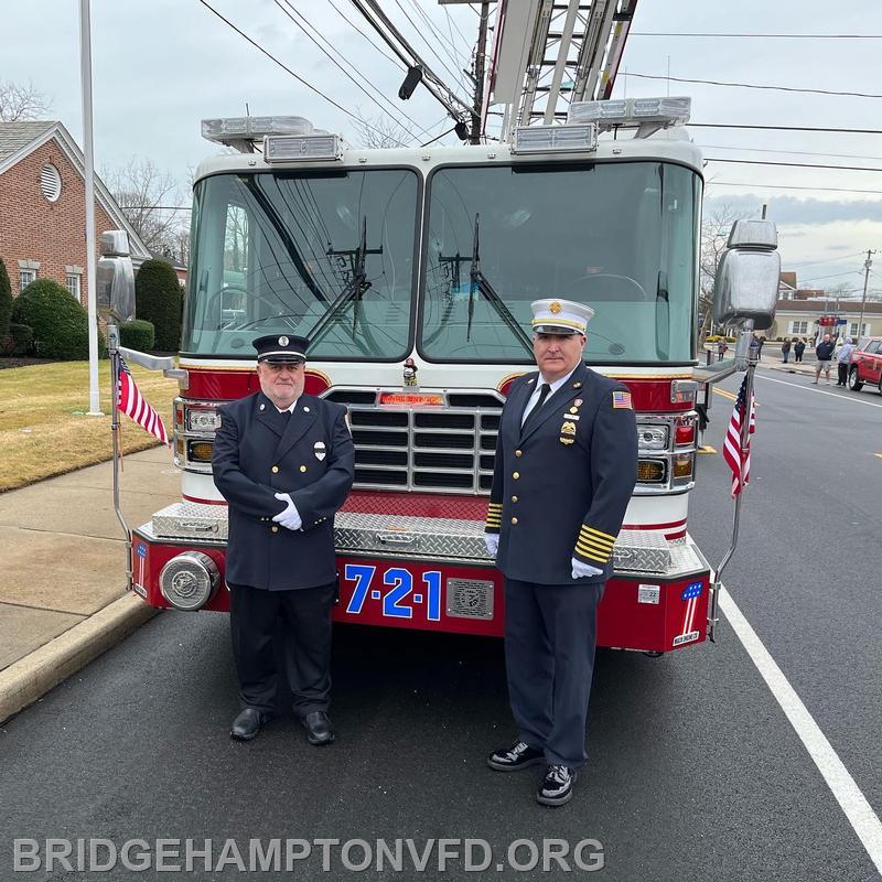 Pictured here are FF Gerard Tuza and his son East Hampton Fire Department Chief Gerard Turza (a former BHFD assistant chief) in front of our 7-2-1 ladder truck.