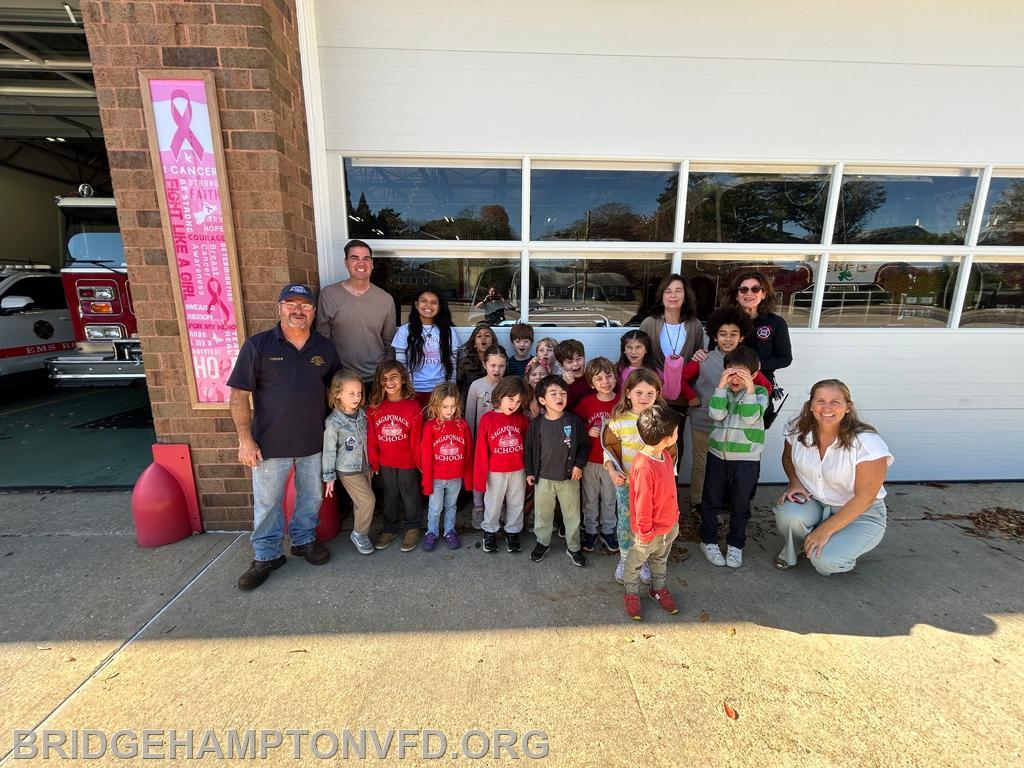 November 6, 2024 The Bridgehampton Fire Department welcomed students in prekindergarten through third grade from the Sagaponack School for a tour. Chief Tom Federico showed them all the trucks and equipment that are  used to help fight fires.  E.M.S. Company member Elizabeth Kotz gave them a tour of the ambulance and showed them the many things used to help people when they are sick. The students were accompanied by their teachers, Mr. Scammell and Mrs. Lombardo, and teachers’ aides, Mrs. Velasquez, and Ms. Minskoff.  It was perfect day for a tour of the Fire House and we look forward to their next visit!
 