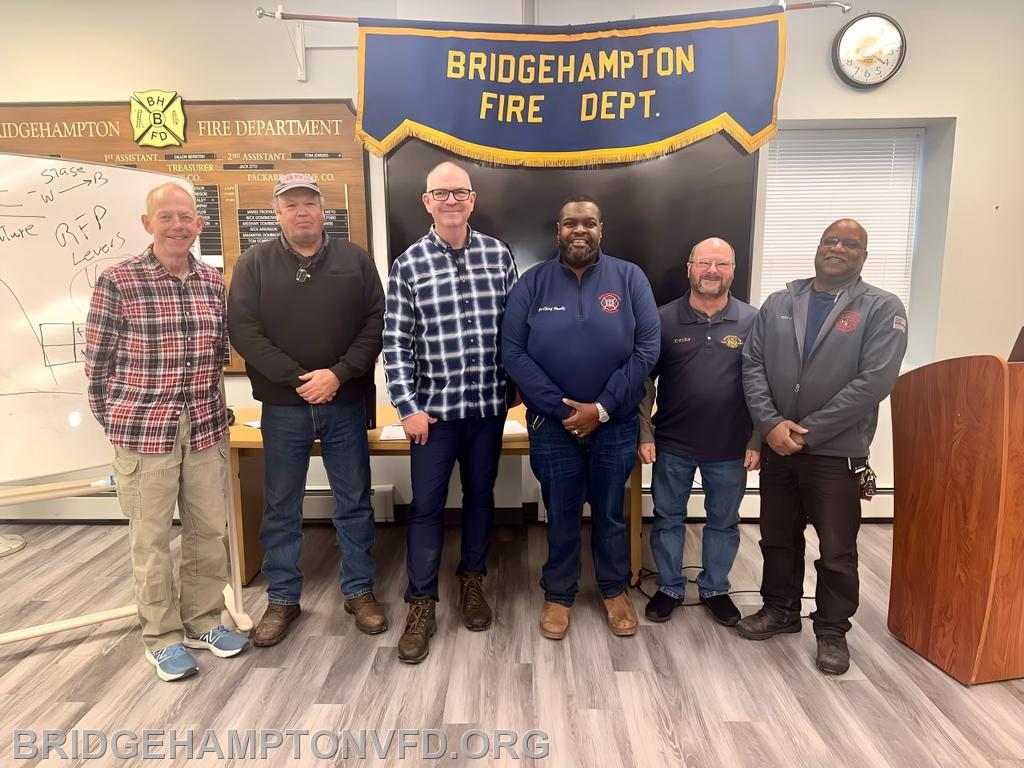 Bridgehampton FD welcomed firefighters from throughout Suffolk County to the class, sponsored by the Bridgehampton Fire District. From left, Commissioner Jeff White and Board Chairman Robert Comfort, who are both former chiefs, are with Chief Jose, at center, along with Ex-Chief Nick Hemby, who organized the class, current Chief Tom Federico and Second Assistant Chief Tom Jenkins.  