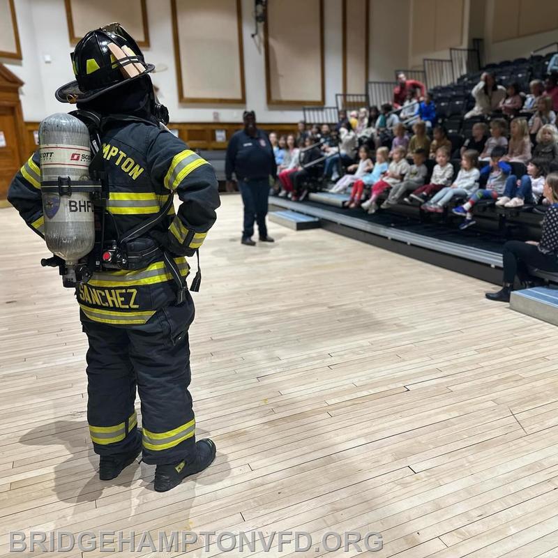 Firefighter Christian Sanchez suited up for pre-kindergarten through fifth grade students to show them not to be afraid.