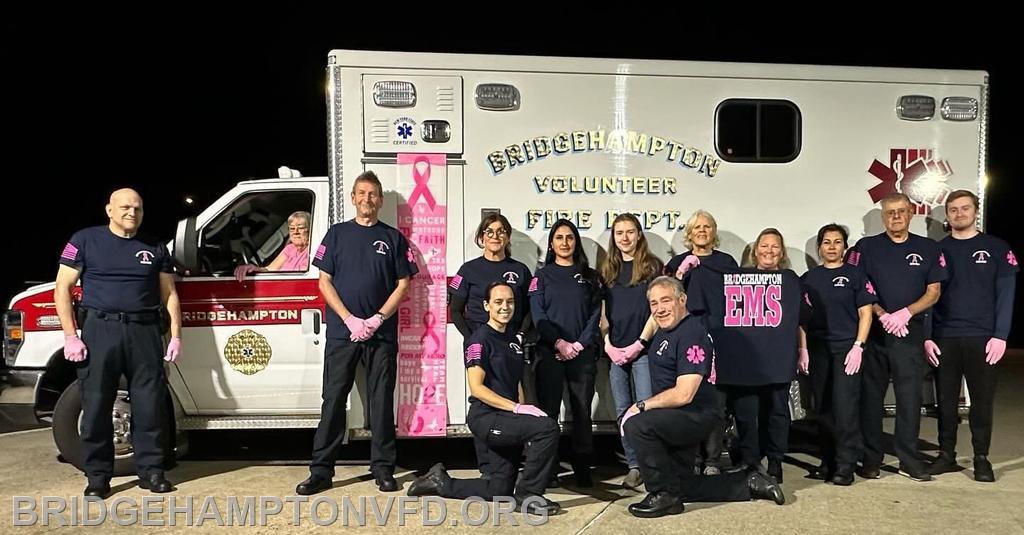 October 2023. This October, our EMS personnel are donning breast cancer awareness shirts and pink gloves — even pink surgical masks on the necessary calls. With an EMS Company member recently diagnosed, fellow volunteers, along with paid providers, wanted to show support during this difficult time. The staggering statistic is that 1 in 8 women will develop breast cancer in their lifetime. We know many department members’ lives have been affected by breast cancer in one way or another. 