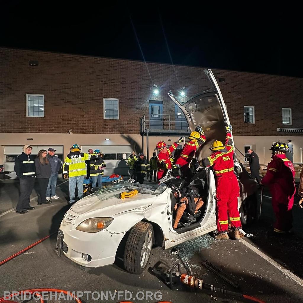 November 4, 2023. The Suffolk County Fire Academy led a new EMS Vehicle Extrication Awareness class at the Bridgehampton Fire Department on Thursday night. Following a lecture, 30 EMS and heavy rescue squad personnel headed outside and worked together to remove and treat “victims” trapped inside vehicles under the direction of Academy instructors. 