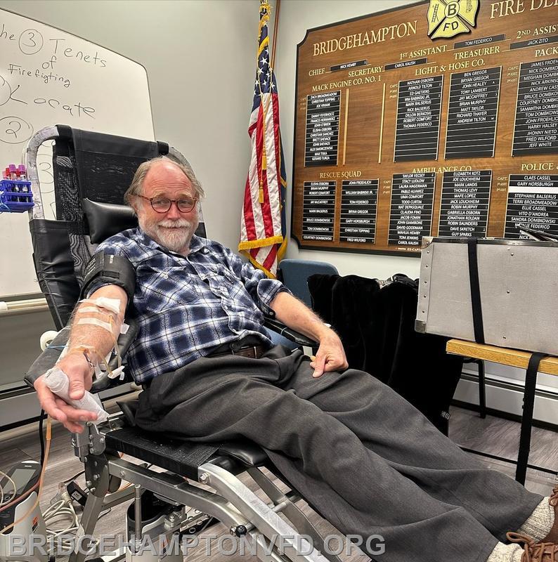 12/1/23: Thank you to all those who came to donate blood today during the New York Blood Center drive at the Bridgehampton Fire Department. John White, a longtime member, has organized the blood drives at our firehouse for many years and was among those who gave.