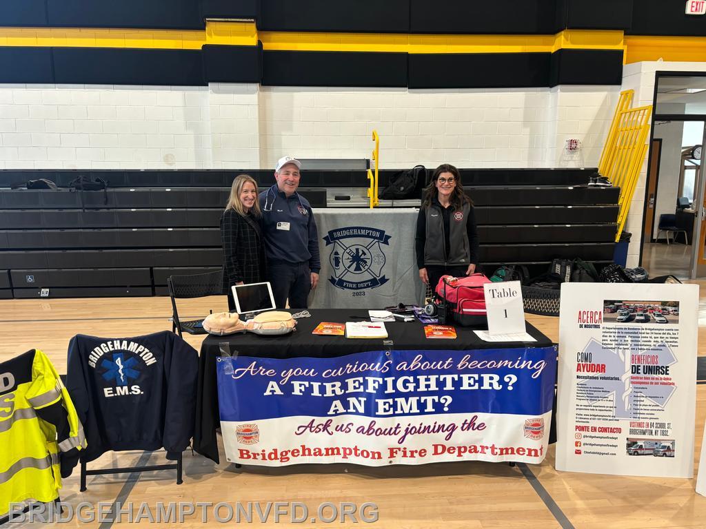 April 9 2024: While the Bridgehampton Fire Department is a volunteer organization, we took part in Career Day at the Bridgehampton School on Tuesday morning as a way to talk to kids about the fire and EMS services. EMTs Elizabeth Kotz and Mark Landis served as our ambassadors. A total of 113 students from 6th to 12th grades stopped by their table and learned about how they can get involved as junior members and eventually become volunteer firefighters and/or EMTs, which could be a stepping stone toward a career path. 