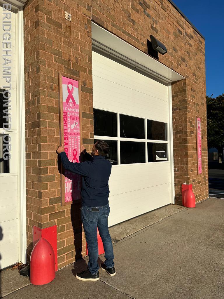 October 18, 2024 In honor of Breast Cancer Awareness Month, the Bridgehampton Fire District allowed us to display pink banners on the front of our headquarters. Thank you to EMS Company member Elias Sandoval of E.M. Quality Home Construction for making the frames for the banners and getting them hung in honor of all those who have battled breast cancer. 